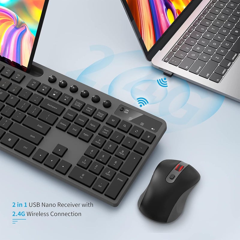 MARVO Wireless Keyboard and Mouse Combo, 2.4G Ergonomic Wireless Computer Keyboard with Phone Tablet Holder, Silent Mouse with 6 Button, Compatible with MacBook, Windows (Grey) - Image 5